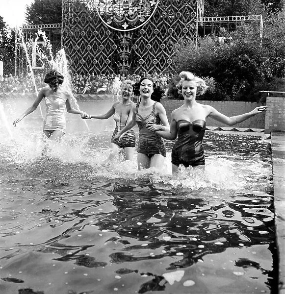 Clothing Holiday Fashions. Cabaret girls seen here modeling swimsuit. July 1953 D3925