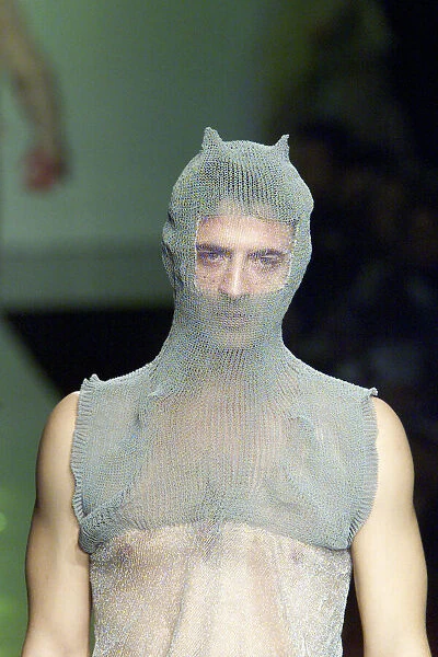 Clothing by Michiko Koshino 1998 modelled by male Model during London Fashion Week