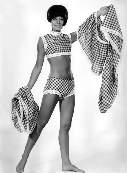 Framed Print : Clothing Misc. 1966: Marilyn Rickard modelling Ginham beachwear suit. May 1966 P006688 Framed Print : Clothing Misc. 1966: Marilyn Rickard modelling Ginham beachwear suit. May 1966 P006688