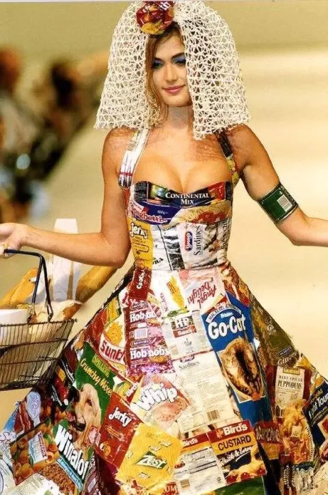 : Clothing model dressed in food wrappers at the London Fashion Show circa 1995 : Clothing model dressed in food wrappers at the London Fashion Show circa 1995