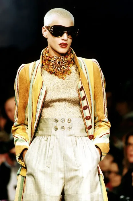 Framed Print : Clothing at the Paris Fashion Show model wearing a Lacroix suit January 1994