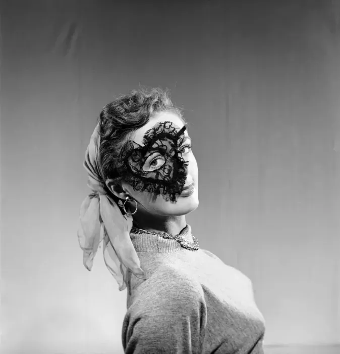 Framed Print : Clothing: Woman wearing party mask. 1955 B89-001 Framed Print : Clothing: Woman wearing party mask. 1955 B89-001