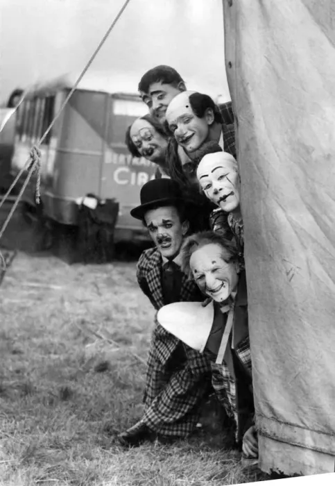 Framed Print : Clowns at the Bertram Mills circus whilst visiting Manchester 23rd September 1952 Framed Print : Clowns at the Bertram Mills circus whilst visiting Manchester 23rd September 1952