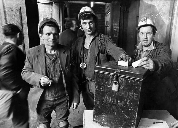 Coal miners cast their votes during the election. October 1977 P005132