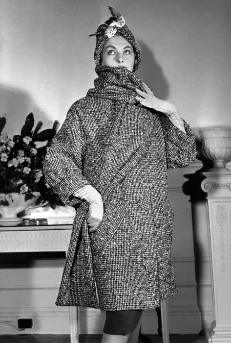 Framed Print : A coat by Ronald Paterson in Taupe cream Black tweed with hat of same material