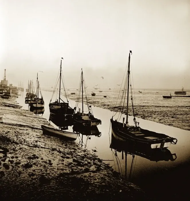 Framed Print : Cockle fishing boats moored in an estuary near the east coast of England. 1963 Framed Print : Cockle fishing boats moored in an estuary near the east coast of England. 1963