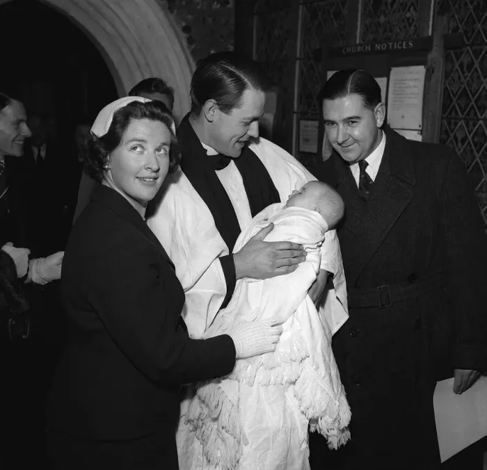 Framed Print : Colin Cowdray 1958 cricketer with wife Penelope at christening of son Christopher by Rev Framed Print : Colin Cowdray 1958 cricketer with wife Penelope at christening of son Christopher by Rev