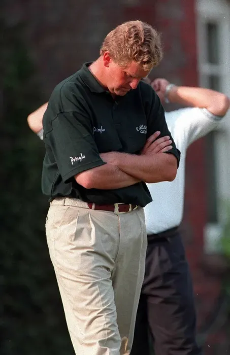 Framed Print : Colin Montgomerie Golfer looks dejected after missing the cut in the 1996 British Open