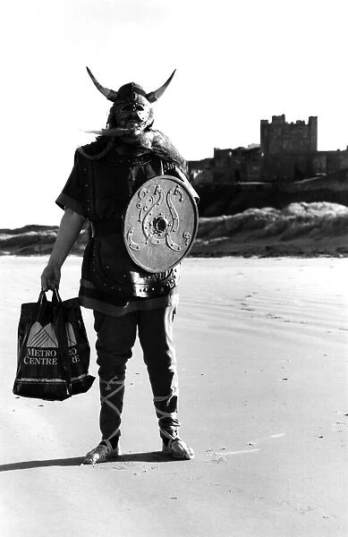 Colin the Viking on Bamburgh beach on 20th February 1990 a sight for the tourists