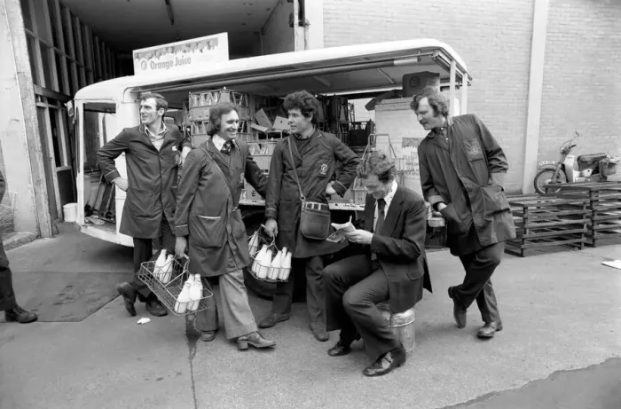 Framed Print : Colin Wills with milkmen from Clifton Street depot of Express Dairy. April 1975 Framed Print : Colin Wills with milkmen from Clifton Street depot of Express Dairy. April 1975