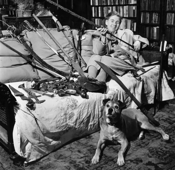Framed Print : Collections - Mrs Dick with her main armament - and her canine bodyguard dog Peter