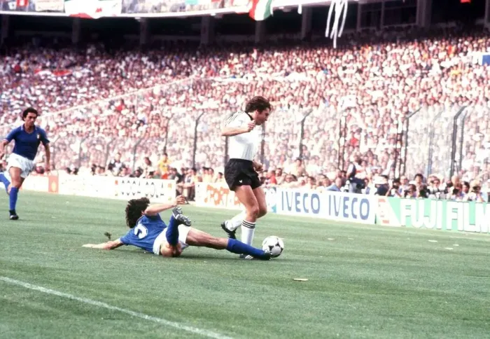 Framed Print : Collovati (Italy) tackles Fischer (West Gemany) 1982 in World Cup final