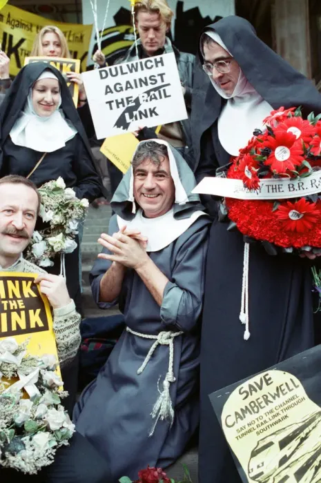 Framed Print : Comedian and actor Terry Jones takes part in a rail tunnel protest outside Waterloo Framed Print : Comedian and actor Terry Jones takes part in a rail tunnel protest outside Waterloo
