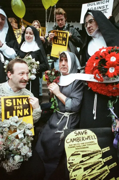 Framed Print : Comedian and actor Terry Jones takes part in a rail tunnel protest outside Waterloo Framed Print : Comedian and actor Terry Jones takes part in a rail tunnel protest outside Waterloo