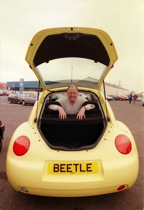 Framed Print : Comedian Andy Cameron April 1999 sitting inside a Volkswagen Beetle Framed Print : Comedian Andy Cameron April 1999 sitting inside a Volkswagen Beetle