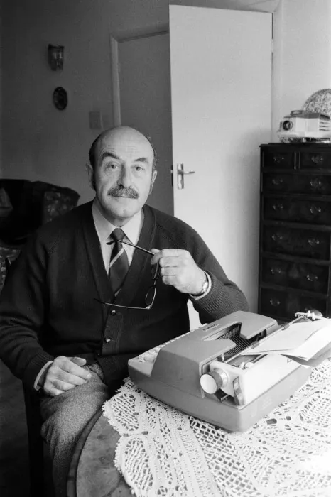 Framed Print : Comedy script writer Talbot Rothwell at work in his Fulking, Sussex, home Framed Print : Comedy script writer Talbot Rothwell at work in his Fulking, Sussex, home