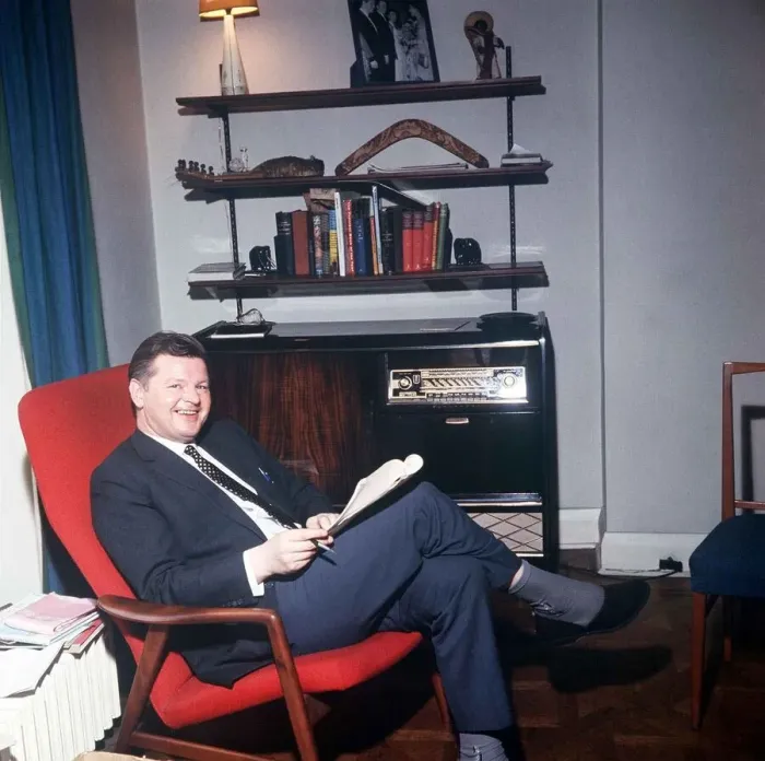 Framed Print : The comic actor Benny Hill in his Kensington flat February 1966 reading in Framed Print : The comic actor Benny Hill in his Kensington flat February 1966 reading in