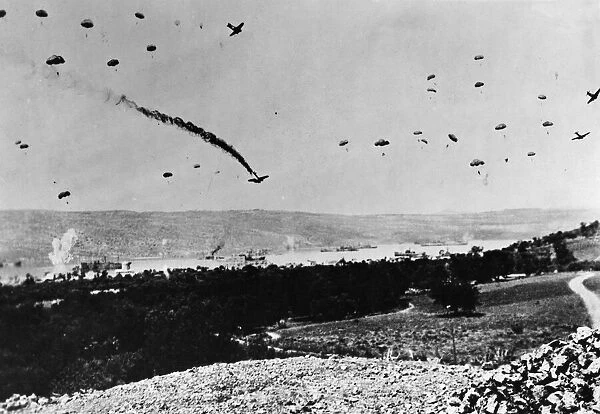Coming from the skies, the German invasion of Crete. The planes are carrying parachute