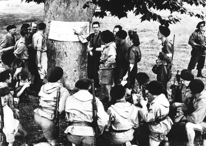 Framed Print : Commandant of a Maquis band briefs his fighters 1944 before a raid against the enemy Framed Print : Commandant of a Maquis band briefs his fighters 1944 before a raid against the enemy