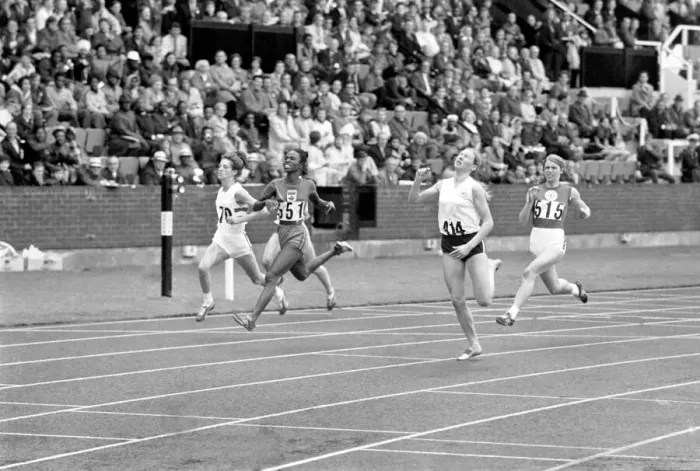 Framed Print : Commonwealth Games, Edinburgh: Athletics. Finish of womens 100 meters final. R. A Framed Print : Commonwealth Games, Edinburgh: Athletics. Finish of womens 100 meters final. R. A