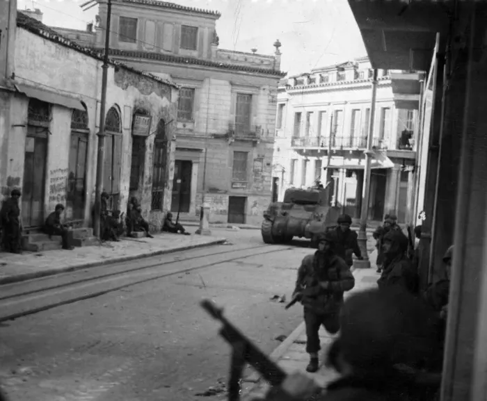 Framed Print : A company of paratroopers accompanied by a Sherman tank hunt snipers in Athens Framed Print : A company of paratroopers accompanied by a Sherman tank hunt snipers in Athens