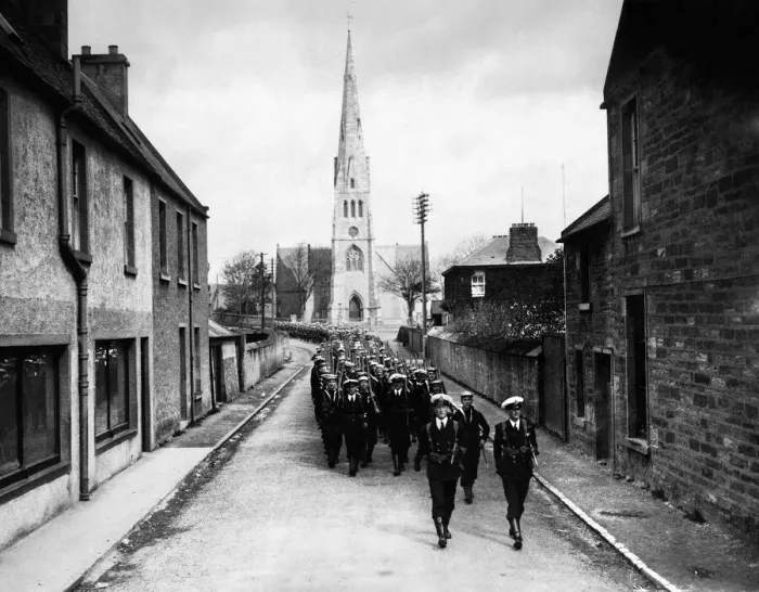 Framed Print : Two companys of men from HMS Rodney march through Invergordon Scotland after docking Framed Print : Two companys of men from HMS Rodney march through Invergordon Scotland after docking