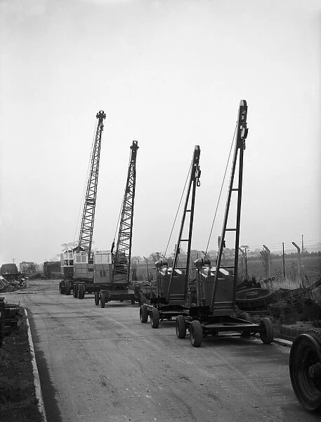 Completed mobile cranes awaiting delivery at the Jones Crane factory, Letchworth