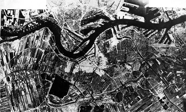 Composite photograph taken by RAF reconnaissance aircraft showing damage to the centre of