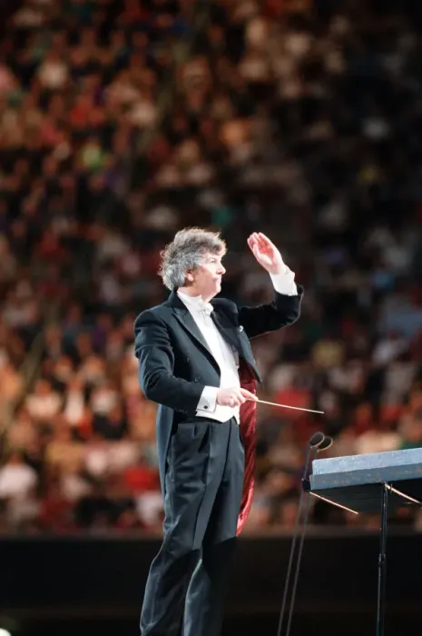 Framed Print : Conductor Owain Arwel Hughes at the Cor World Choir concert at Cardiff Arms Park