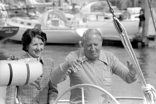 Former Conservative Prime Minister Edward Heath and partner at launching of his new yacht