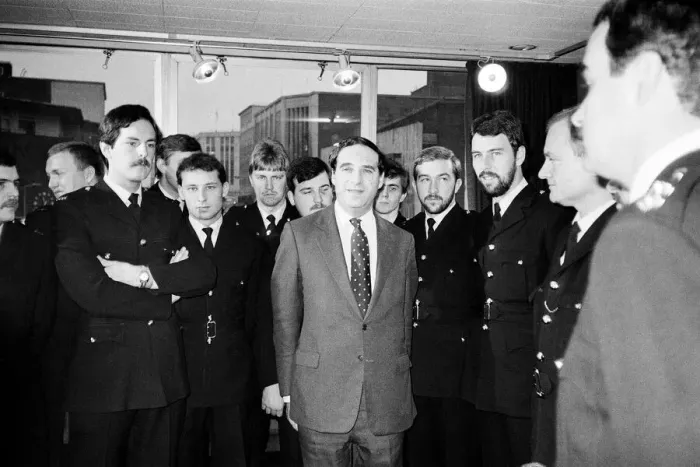 Framed Print : Consevative Home Secretary Leon Brittan at a press conference at Sheffield Police