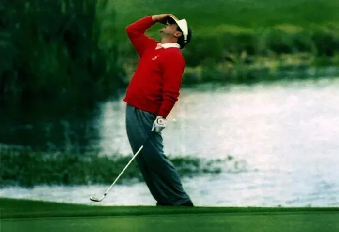 Framed Print : Constantino Rocca Italian golfer red jumper grey trousers holding golf club hand raised