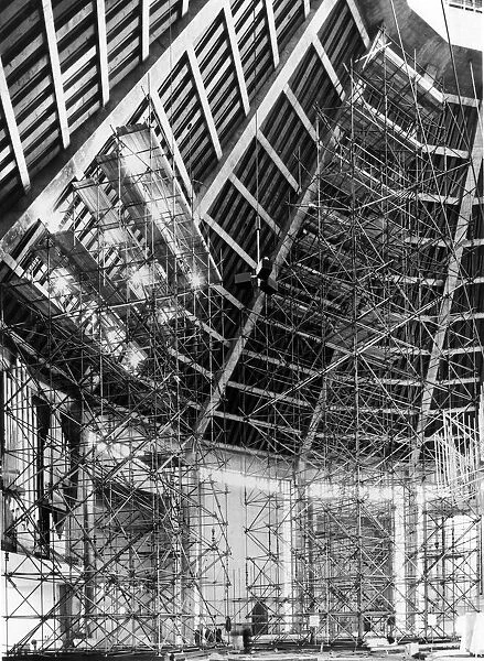 Construction of Liverpool Metropolitan Cathedral, two of the giant scaffolding towers
