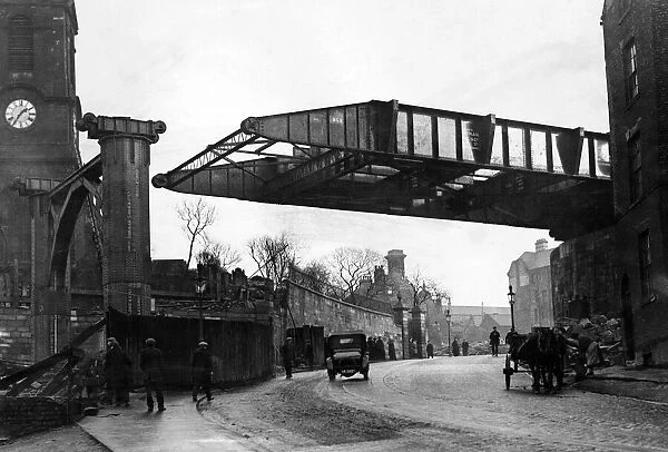 Construction of Tyne Bridge. First Span of New Tyne Bridge almost in position over