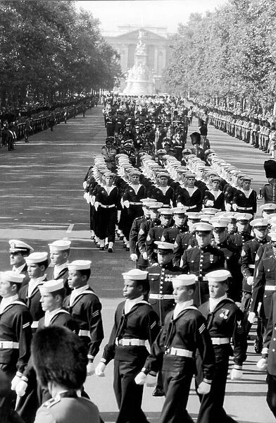 Contingents of foreign Navies and Marines marching during the funeral procession of Lord