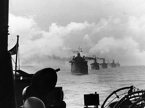 Convoy of steamers, pictured astern, somewhere off the english coast, June 1942