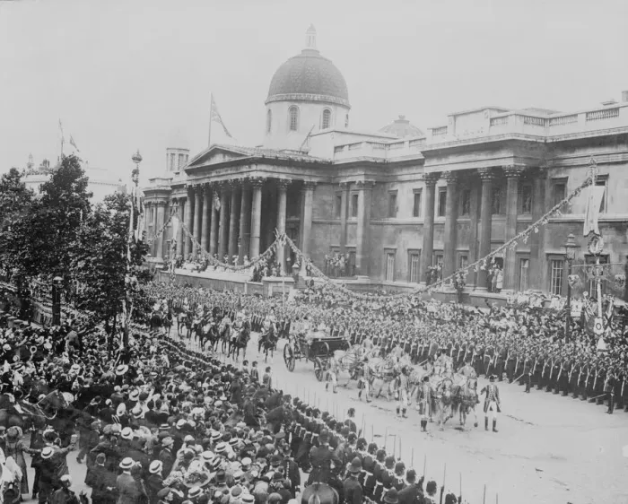 Framed Print : Coronation of King George V. Thousands of people cheer from the side of the road as