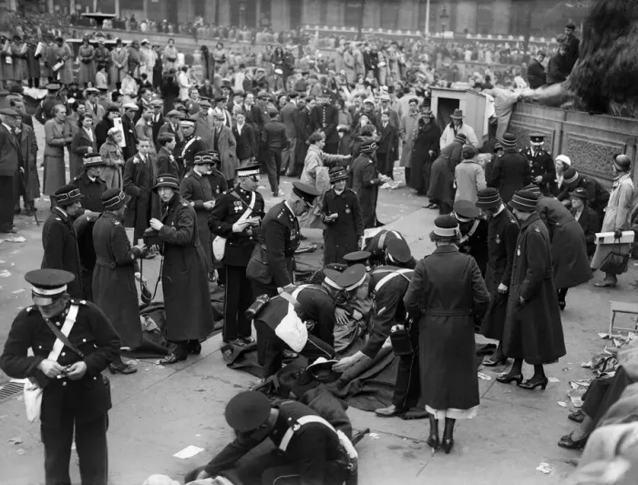 Framed Print : Coronation of King George VI. St Johns Ambulance workers treating injured people in Framed Print : Coronation of King George VI. St Johns Ambulance workers treating injured people in