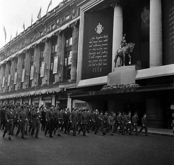 Coronation Reharsal. Soldiers of the Grenadier Guards March through Whitehall at 5 am