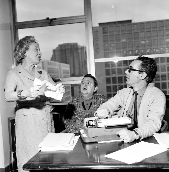 Framed Print : Coronation Street scriptwriters Harry Driver and Vince Powell with Doris Speed who