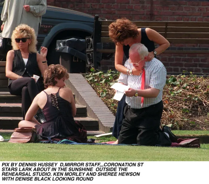 Framed Print : Coronation Street Stars Ken Morley Sheree Hewson and Denise Black larking around outside