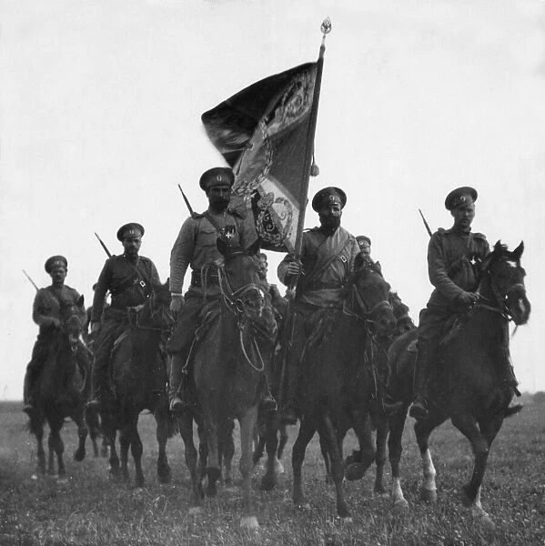 Cossacks of the Tsars bodyguard seen here parading their colours. 22nd June 1915