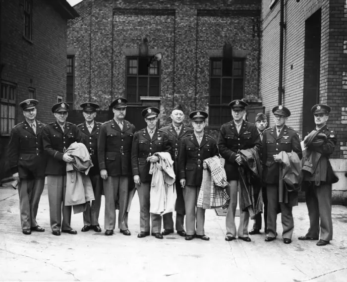Framed Print : Some of the court personnel photographed at first American court martial in Britain Framed Print : Some of the court personnel photographed at first American court martial in Britain