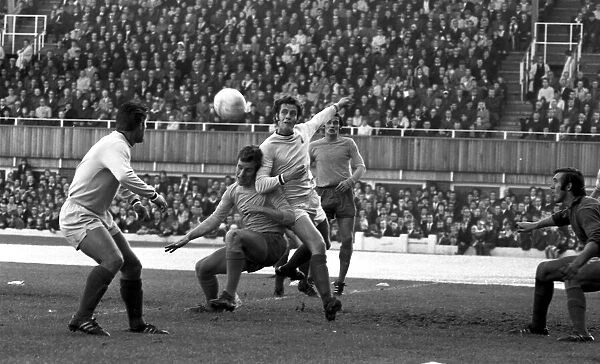Coventry City Fc v Everton. Jeff Blockley challenges strongly to head away