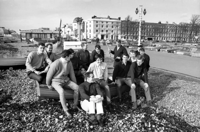 Framed Print : Coventry City Football Club players relax on the beach at Worthing after a gruelling Framed Print : Coventry City Football Club players relax on the beach at Worthing after a gruelling