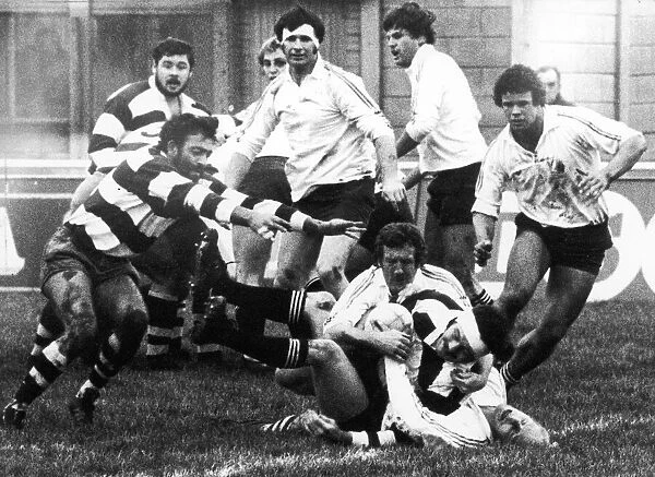 Coventry v Bath 23 November 1981. Bath show the excellence of their back row defence when