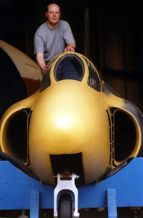 Framed Print : Craig Blundred, from the North East Aircraft Museum, pictured with the Supermarine Swift Framed Print : Craig Blundred, from the North East Aircraft Museum, pictured with the Supermarine Swift