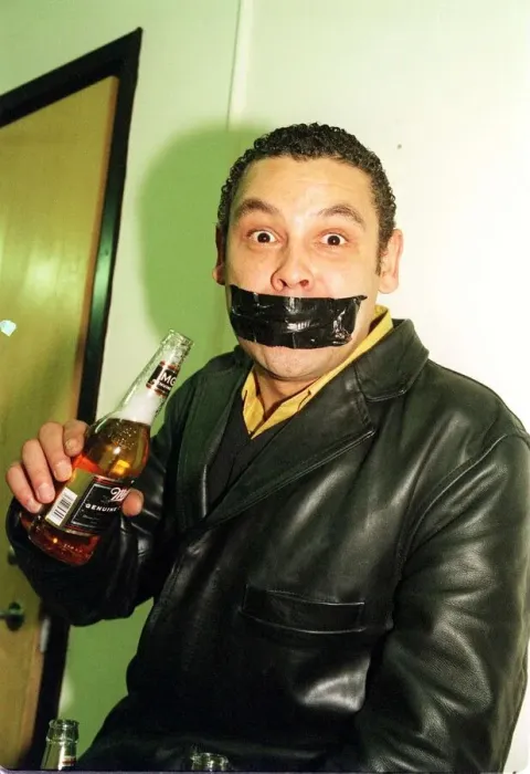 Framed Print : Craig Charles comedian February 1999 at Heriot Watt University Edinburgh with black tape