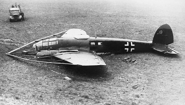 This crashed German Heinkel bomber is fitted with a 'bumper'