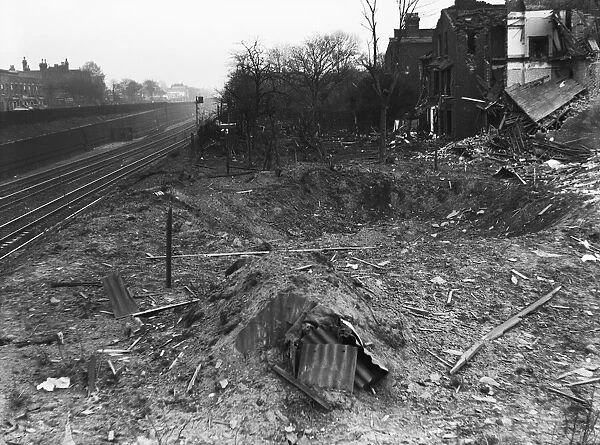Crater close to the railway at Earlham Grove, West Ham following a V2 missile attack